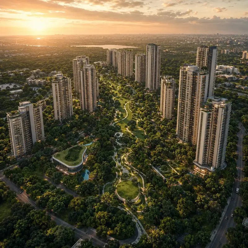Sumadhura Kannamangala aerial view of the 75-acre biophilic township Sumadhura Kannamangala aerial view of the 75-acre biophilic township