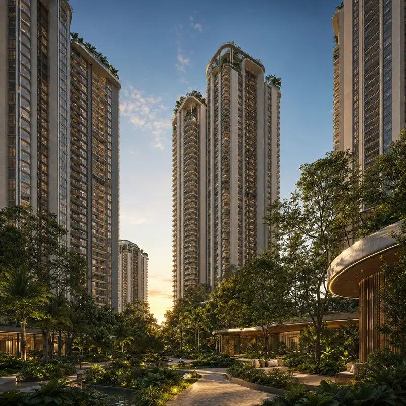 Sumadhura Kannamangala high-rise tower cluster at dusk Sumadhura Kannamangala high-rise tower cluster at dusk