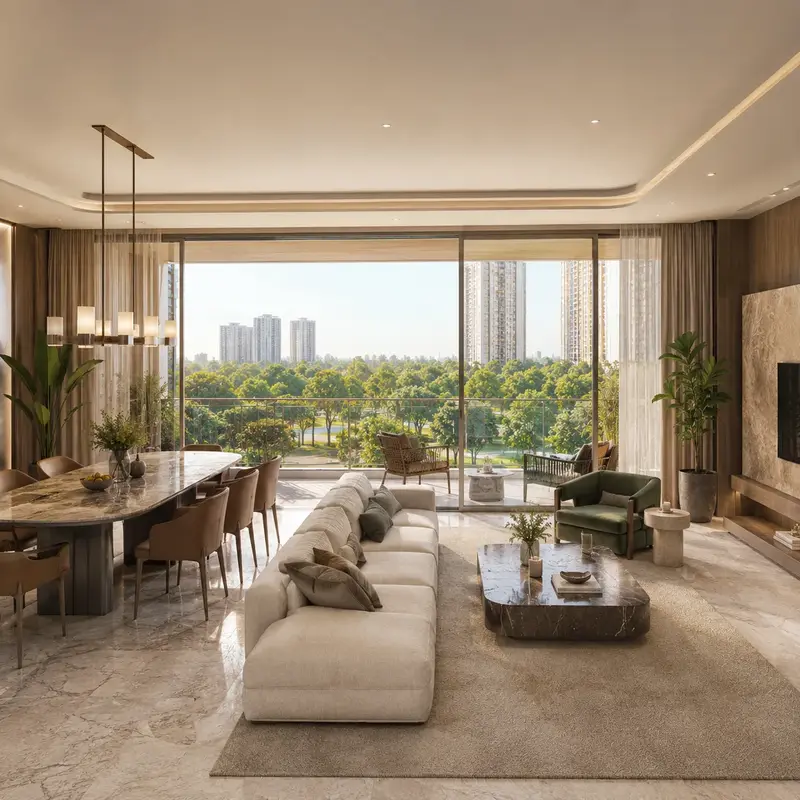 Sumadhura Kannamangala sample living-dining interior opening to the green Sumadhura Kannamangala sample living-dining interior opening to the green